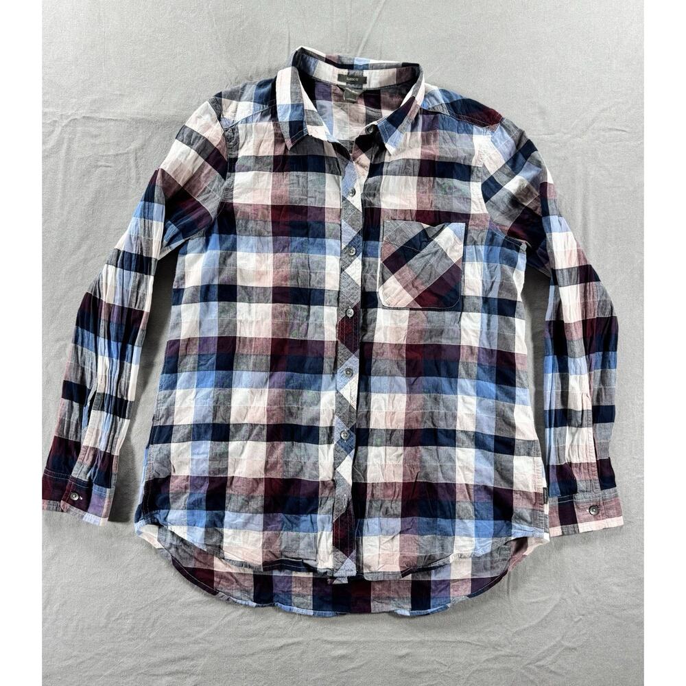 Eddie Bauer Women’s Large Plaid Button Down Shirt Navy Blue Burgundy Cotton
